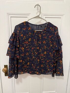 Madewell Navy Floral Ruffle Sleeve Blouse